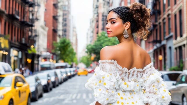 Elegant Stroll in the City: A stylish woman confidently poses on a vibrant city street, her gaze fixed towards the viewer as the architecture and atmosphere complement her elegance.