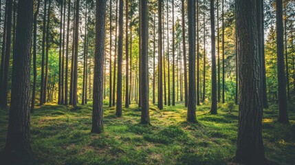 Fototapeta premium A serene forest scene with tall trees and soft sunlight filtering through the foliage.