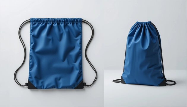Classic blue drawstring bag mockup &ndash; gym, sports, travel pack template.