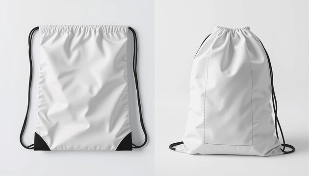 Classic white drawstring bag mockup &ndash; gym, sports, travel pack template.