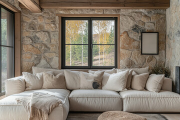 a cozy living room with a stone wall, large windows, and a comfortable sectional sofa, creating a warm and inviting atmosphere