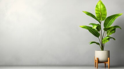 Lush green plant in a light grey pot with wooden stand against a textured white wall. Tranquil and minimalist indoor scene.