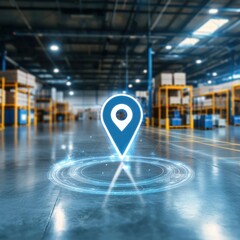 An advanced logistics center underlined by a glowing location pin for supply chain innovation