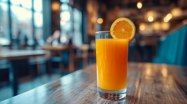 Freshly squeezed orange juice served in a clean glass on a wooden table in a cozy cafe during the morning hours