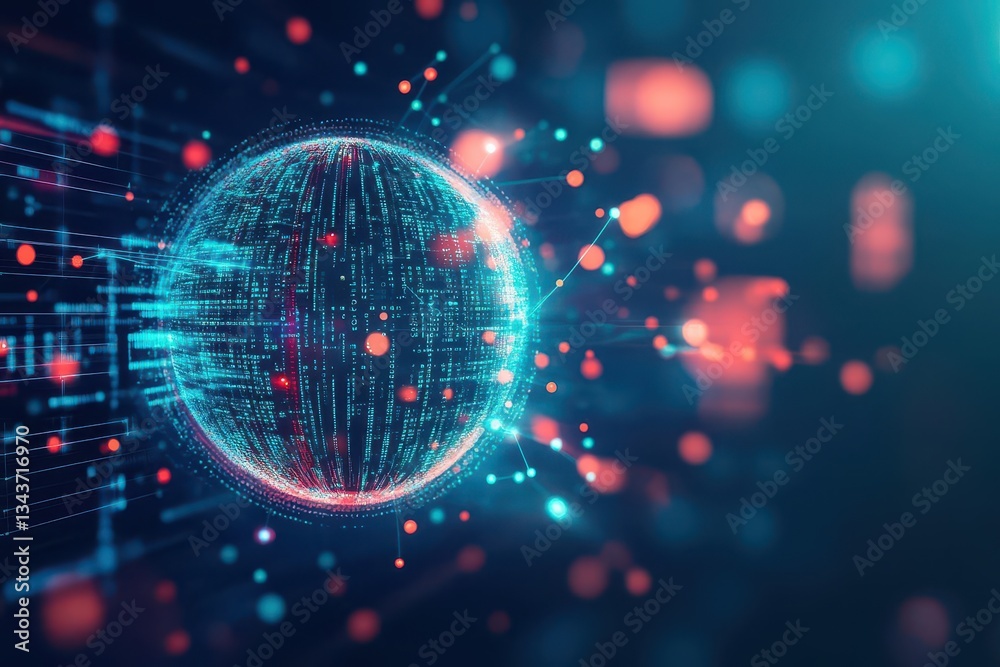 Poster intricate sphere composed of interconnected dots and lines illustrating a network design representin