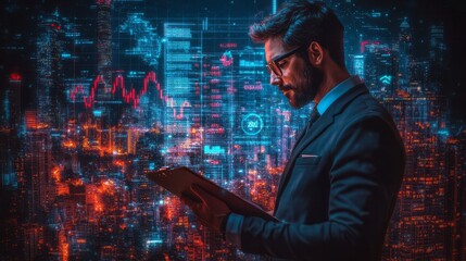 Businessman reviews data over a futuristic cityscape background at night