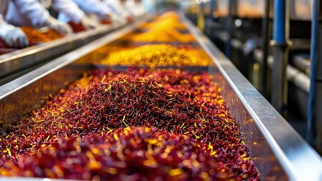Aromatic Array: A close-up captures vibrant trays filled with an array of aromatic saffron, revealing the intricate details and inviting textures of the precious spice in a food factory setting.