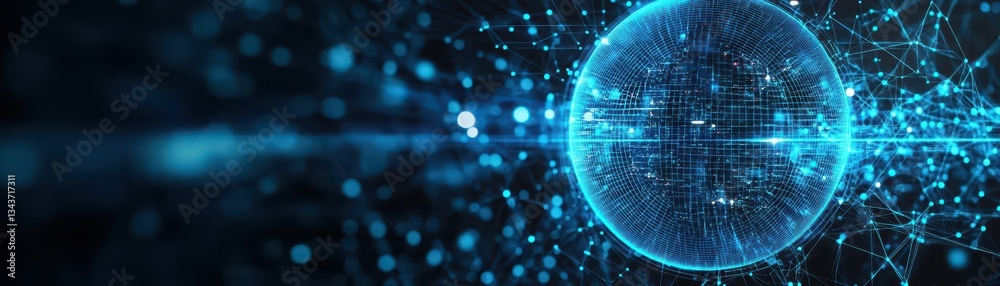 Poster intricate sphere composed of interconnected lines and dots symbolizing global connectivity and techn