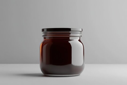 A glass jar filled with a dark brown liquid substance