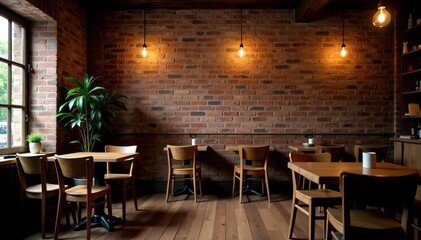 Rustic brick cafe interior with wooden chairs and tables, tables, chairs, vintage