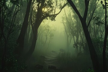 Obraz premium Foggy Forest Path: A narrow, winding path through a dense, fog-laden forest, with tall trees on both sides 