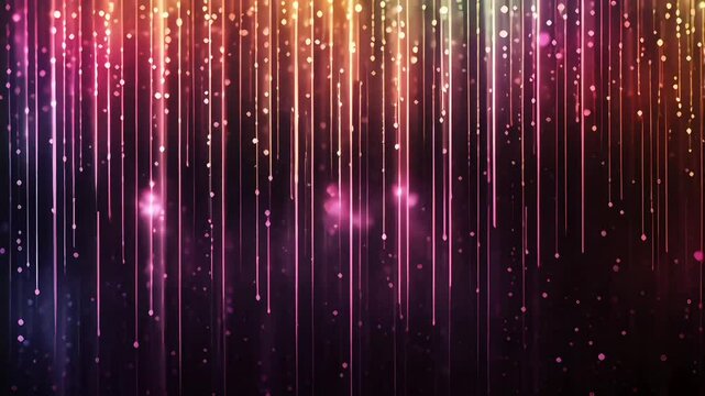 Seamless loop video of a pink and yellow curtain of hanging twinkling lights on black background 