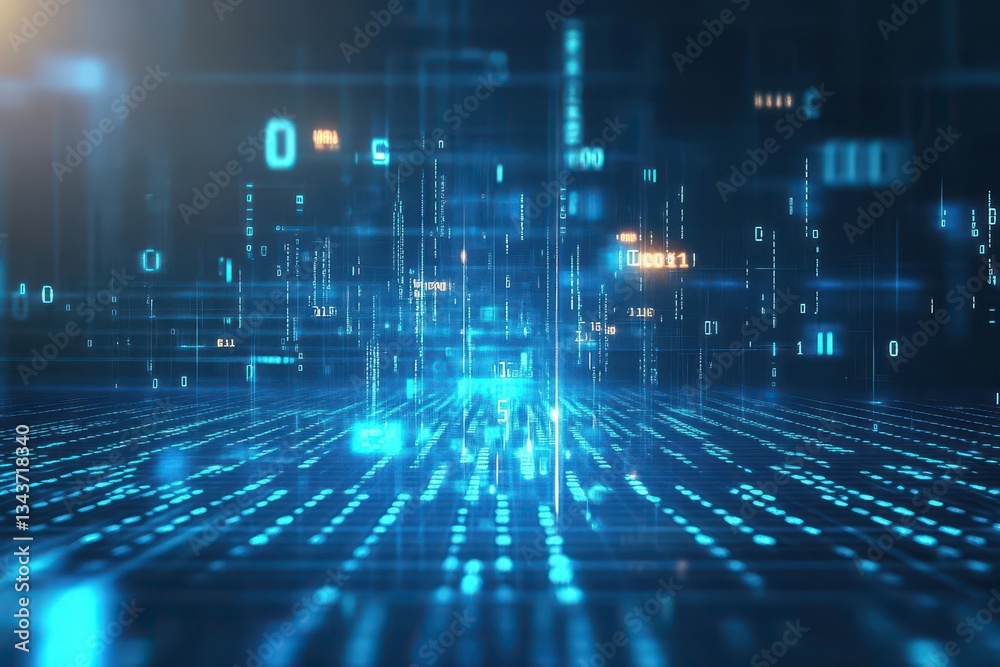 Poster abstract composition featuring blue and black background with flowing binary numbers creating a digi