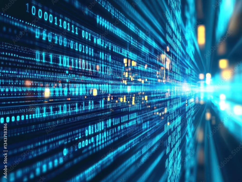 Fototapete Abstract Digital Art Featuring Blue and Black Background with Cascading Binary Numbers Creating a Futuristic and Tech Inspired Atmosphere