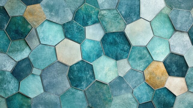 Dynamic arrangement of different-sized pentagons in aquamarine, set against a calm slate gray background, for a modern, abstract geometric pattern.