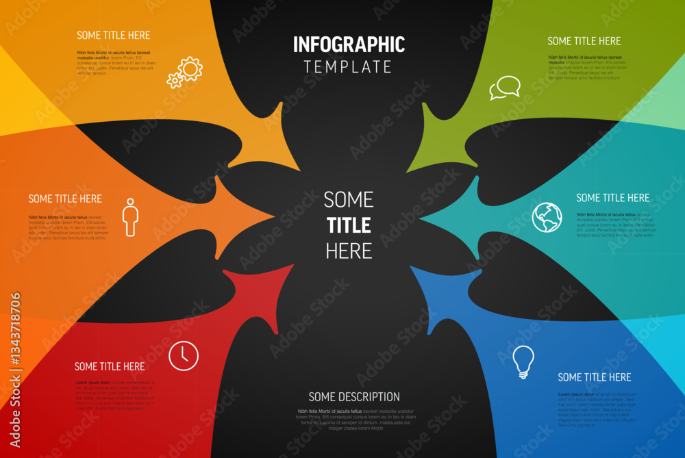 Poster a colorful infographic template featuring six arrows pointing towards a central title on black back.