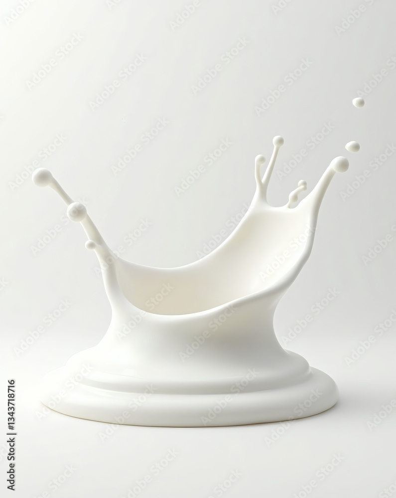 Poster splashing milk creating a crown-like shape, with droplets. The image showcases the dynamic movement and textures of the liquid