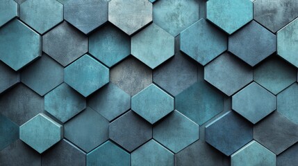 Elegant geometric pattern of pentagons in slate gray and aquamarine, arranged in an overlapping, layered fashion on a soft textured backdrop.