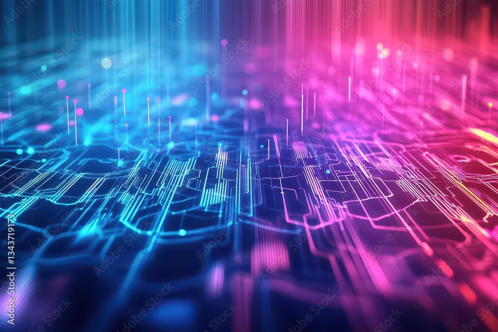 Poster vibrant circuit board illuminated with multicolored led lights creating a futuristic and dynamic atm