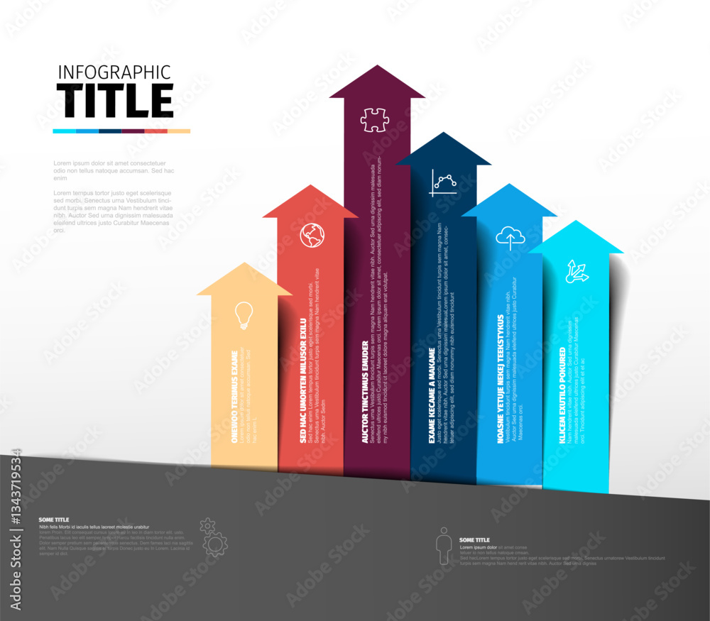 Poster a colorful infographic with upward arrows representing multi-step progress, data flow, or success. e