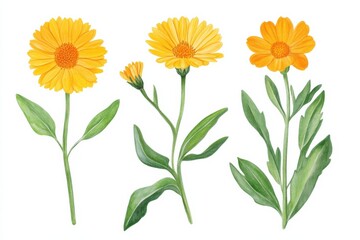 Naklejka premium Illustration showcasing different parts of calendula plant including flowers, buds, and leaves