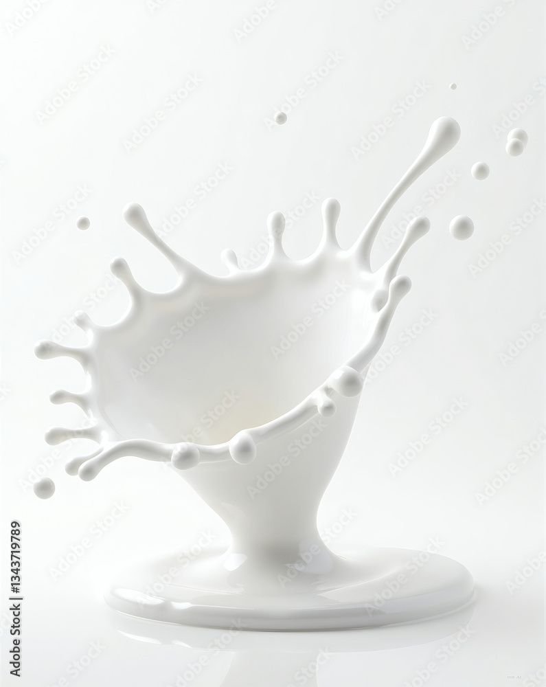Poster a splash of white milk, a dynamic display of liquid in motion, droplets scattered around