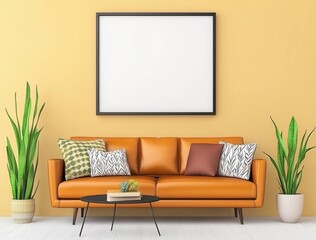 Tan leather sofa with patterned pillows sits against a mustard yellow wall, featuring a large empty square frame and snake plants in white pots. A small black coffee table is in front of the sofa.
