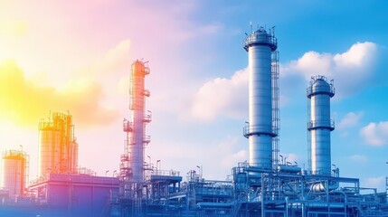 Obraz premium Industrial Factory Under Bright Blue Sky with Fluffy White Clouds Reflecting Modernity and Progress in Manufacturing and Production Environment