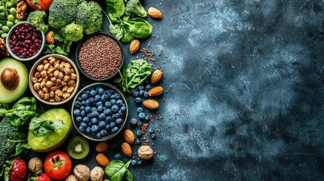 Vegan high dietary fibre and immune boosting health food with fruit, vegetables, whole wheat pasta, legumes, cereals, nuts and seeds with foods high in omega 3, antioxidants, anthocyanins, vitamins.