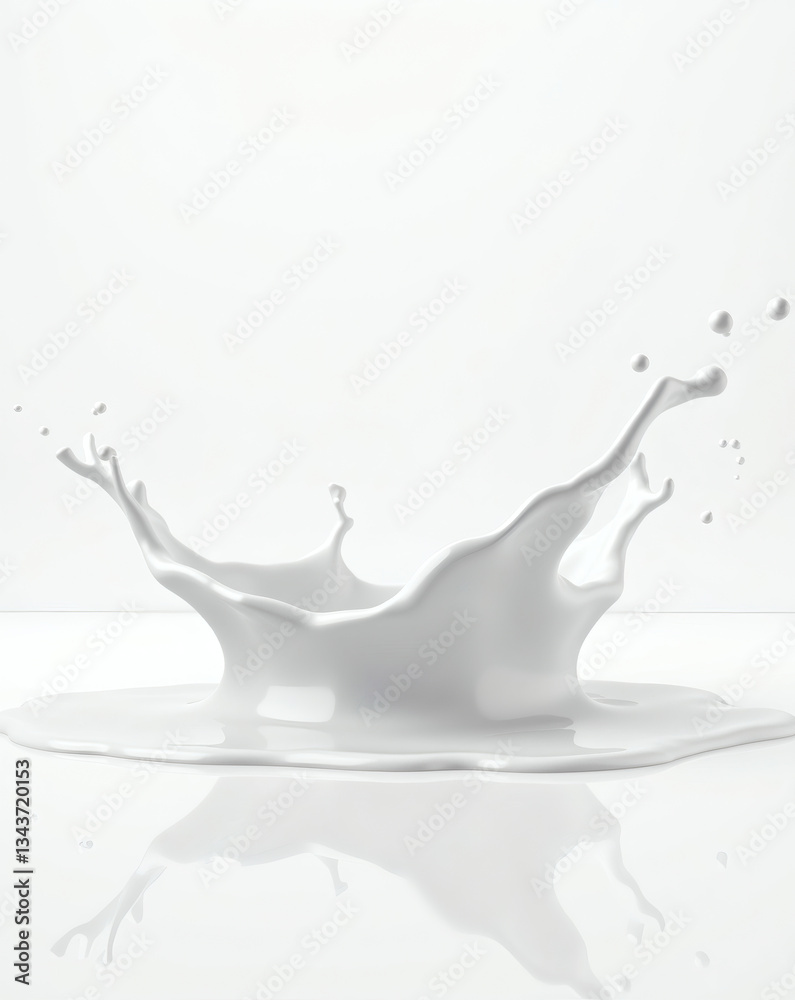 Poster a splash of milk creating a crown-like shape, with droplets scattered around it. the texture is smoo