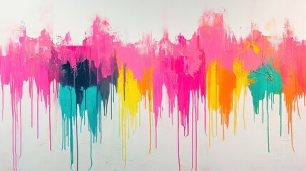 Fototapeta premium Bold, whimsical rainbow splatters in neon pink, turquoise, and lime, captured on a textured white canvas with a glossy reflective finish.