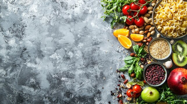 Vegan high dietary fibre and immune boosting health food with fruit, vegetables, whole wheat pasta, legumes, cereals, nuts and seeds with foods high in omega 3, antioxidants, anthocyanins, vitamins.