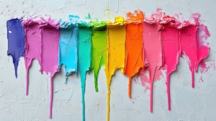 Fototapeta premium Bold, whimsical rainbow splatters in neon pink, turquoise, and lime, captured on a textured white canvas with a glossy reflective finish.