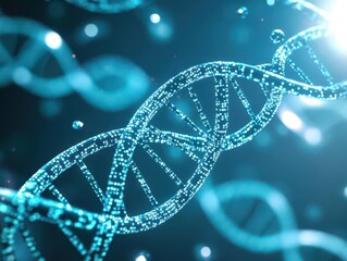 Intricate DNA Strand Illuminated by Vibrant Blue Lights Against a Dark Background Showcasing the Beauty of Genetic Structure and Molecular Biology