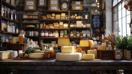 Rustic market display of traditional butter and cheese products
