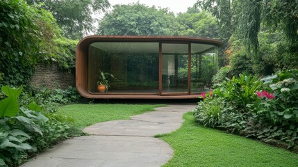 Fototapeta premium Modern rust colored curved structure nestled in a lush green garden with a winding pathway. Tranquil and serene atmosphere. Natural light illuminates the interior.