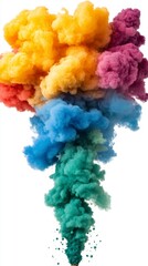 Vibrant multicolored smoke plume explodes against a white background. Colors include teal, blue, yellow, orange, pink and purple. The smoke is dynamic and textured.