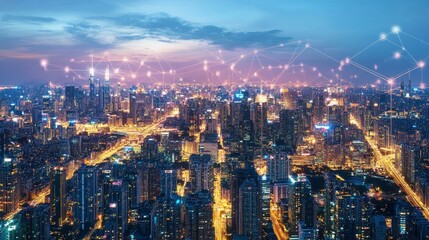 Obraz premium Night cityscape with glowing lights and network connections, aerial view.