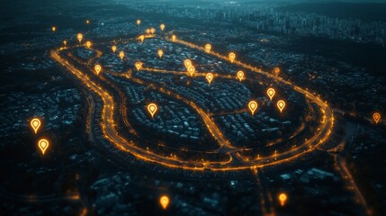 Aerial view of a city at night, illuminated streets forming a curved path with glowing heart shaped lights scattered along it.
