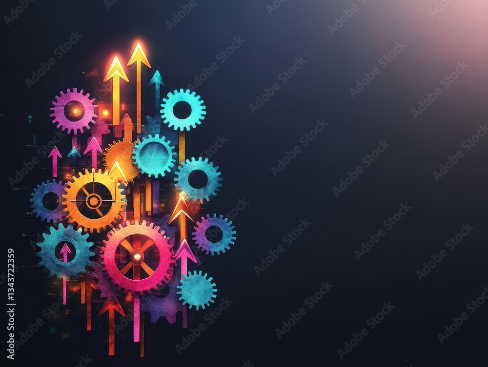 Poster vibrant colorful abstract background featuring intricate gears and dynamic arrows symbolizing moveme