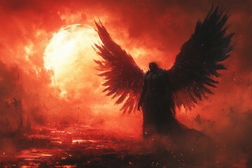 Demonic figure with wings surrounded by fiery red inferno showcasing a powerful dark and ominous atmosphere