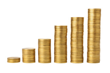Gold coin stacks showing growth isolated on transparent background