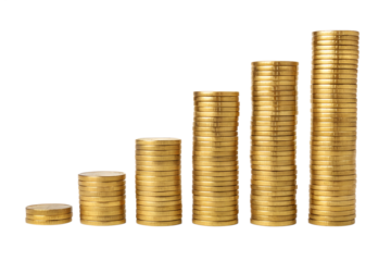 Gold coin stacks showing growth isolated on transparent background