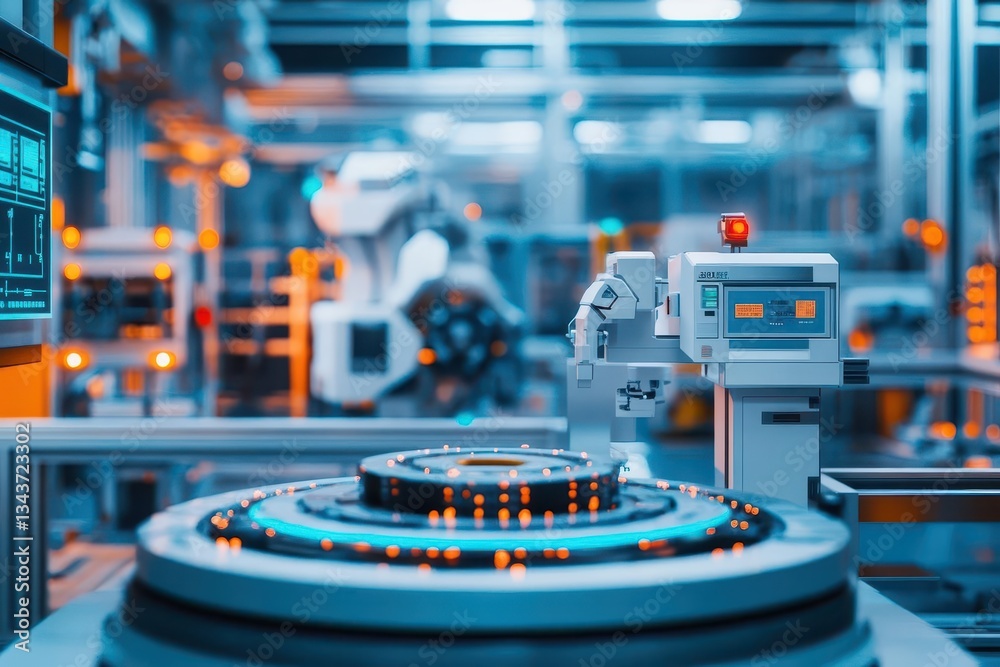 Poster industrial machine operating in a factory setting with emphasis on precision engineering and manufac