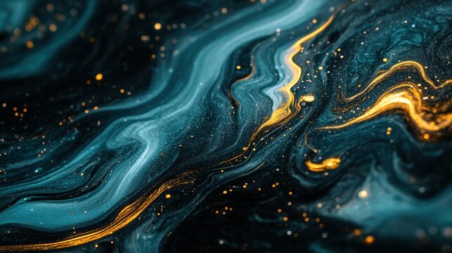 Abstract fluid dynamics with glossy oil waves, forming mesmerizing organic swirls in a moody dimly-lit setting.