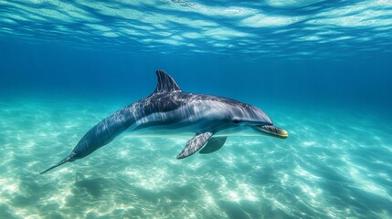 Bottlenose dolphin (Tursiops truncatus) swimming in clear waters.