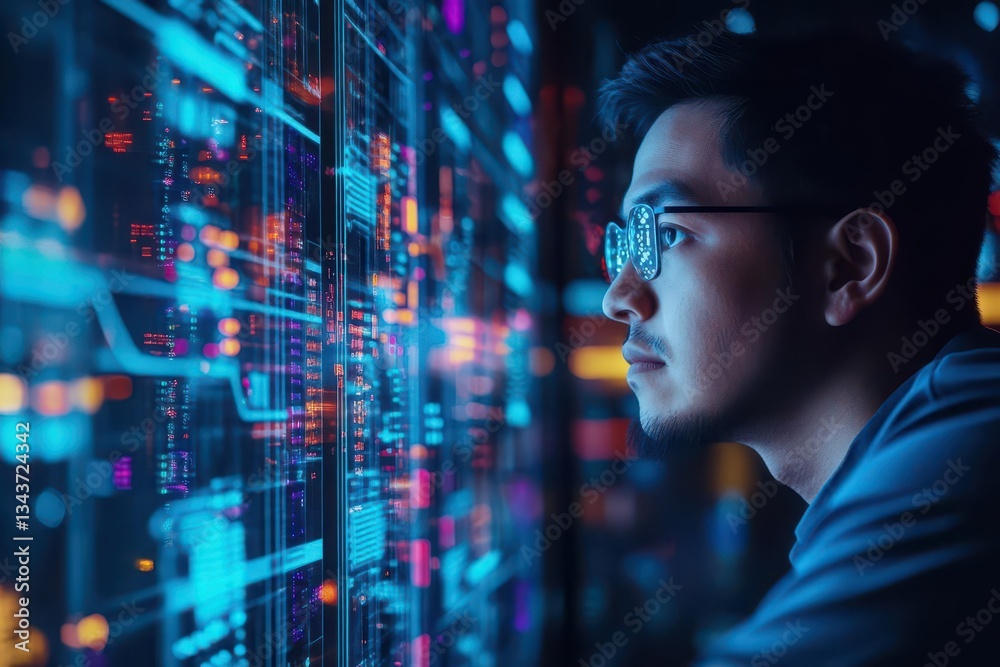 Poster focused man intently observing computer screen in modern workspace surrounded by technology creating