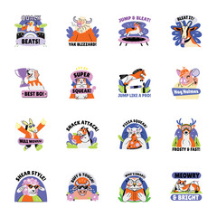 Collection of Pet Characters Flat Style Stickers 

