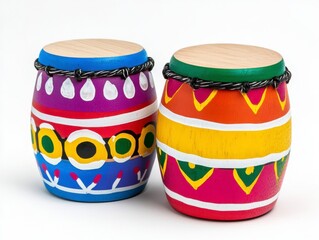 Two small, colorful hand drums with vibrant painted designs sit on a white background. The drums feature geometric patterns in red, orange, yellow, blue, green, and purple. 