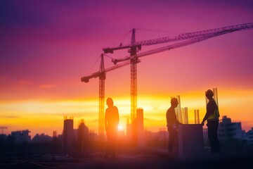 Silhouette of Two Construction Workers at Dusk Against an Urban Skyline Highlighting Industry Collaboration and the Hard Work of Laborers in Action